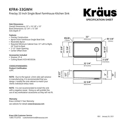 KRAUS Turino Workstation 33" Reversible Apron Front Fireclay Kitchen Sink with Accessories in Gloss White - KFR4-33GWH
