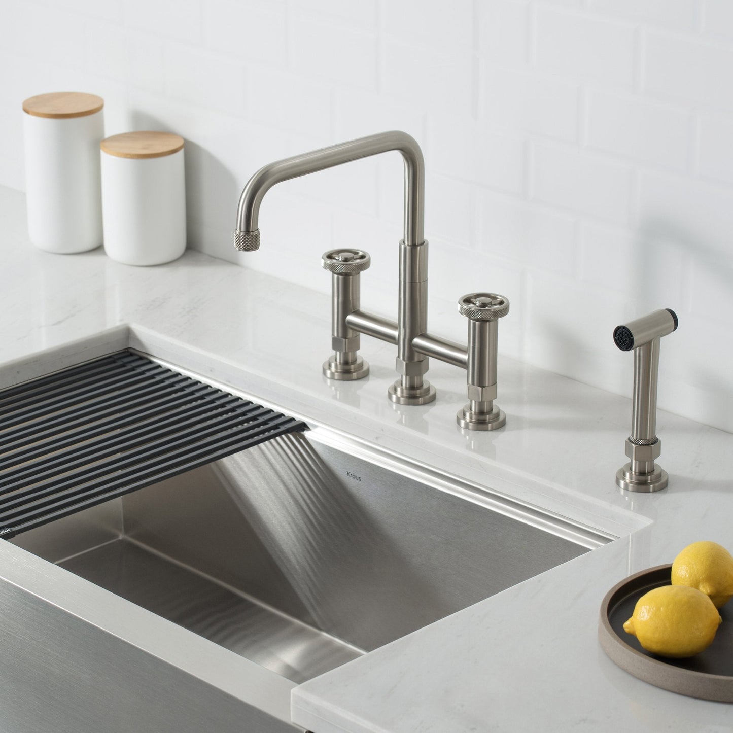 KRAUS Urbix Bridge Kitchen Faucet with Side Sprayer in Spot Free Stainless Steel - KPF-3125SFS