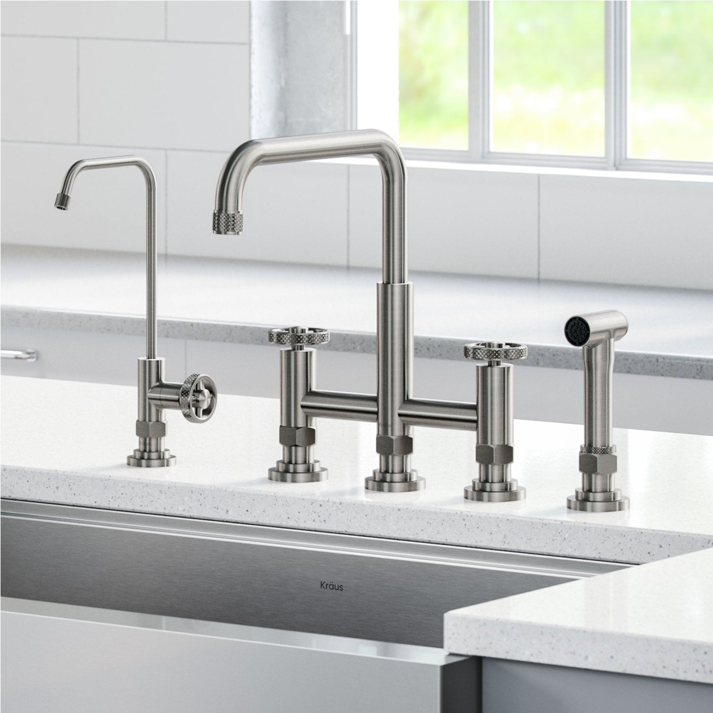 KRAUS Urbix Industrial Bridge Kitchen Faucet & Water Filter Faucet in Spot Free Stainless Steel - KPF-3125-FF-101SFS