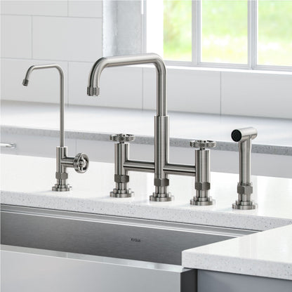 KRAUS Urbix Industrial Bridge Kitchen Faucet & Water Filter Faucet in Spot Free Stainless Steel - KPF-3125-FF-101SFS