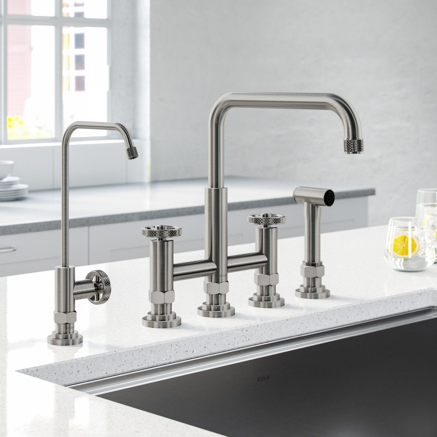 KRAUS Urbix Industrial Bridge Kitchen Faucet & Water Filter Faucet in Spot Free Stainless Steel - KPF-3125-FF-101SFS