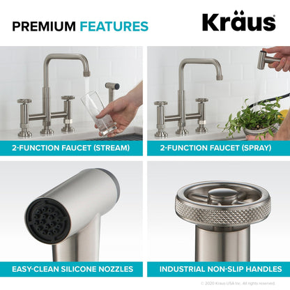 KRAUS Urbix Industrial Bridge Kitchen Faucet & Water Filter Faucet in Spot Free Stainless Steel - KPF-3125-FF-101SFS
