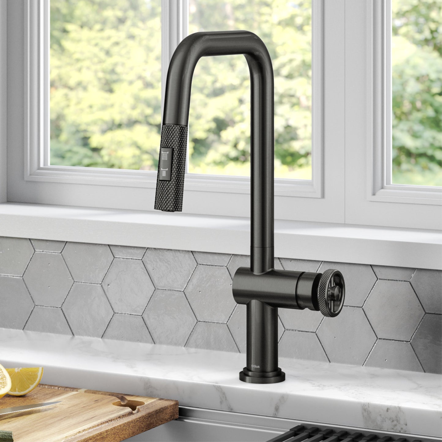KRAUS Urbix Industrial Pull-Down Single Handle Kitchen Faucet in Black Stainless - KPF-3126SB