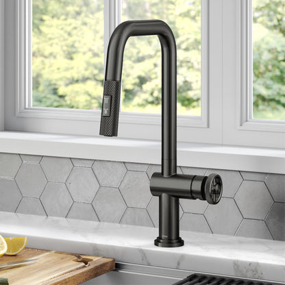 KRAUS Urbix Industrial Pull-Down Single Handle Kitchen Faucet in Black Stainless - KPF-3126SB