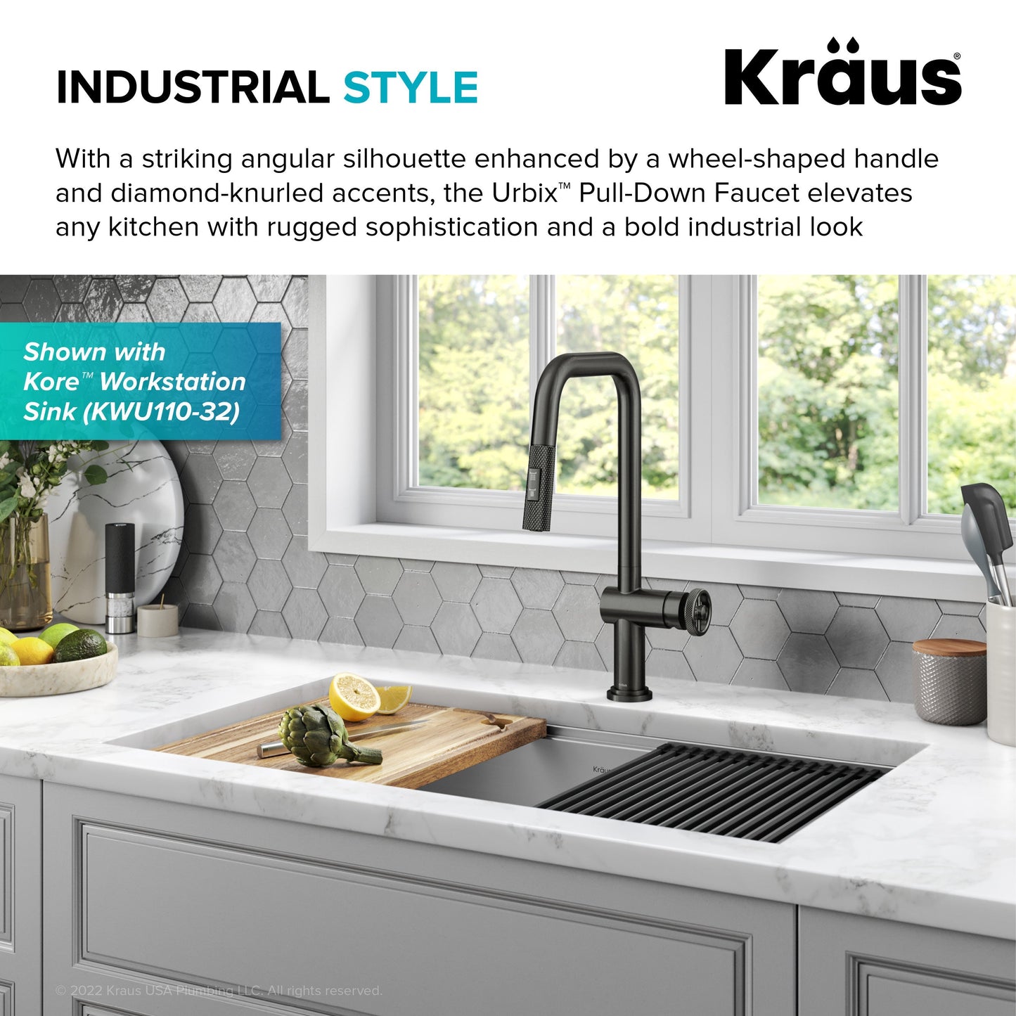 KRAUS Urbix Industrial Pull-Down Single Handle Kitchen Faucet in Black Stainless - KPF-3126SB