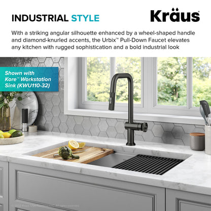 KRAUS Urbix Industrial Pull-Down Single Handle Kitchen Faucet in Black Stainless - KPF-3126SB