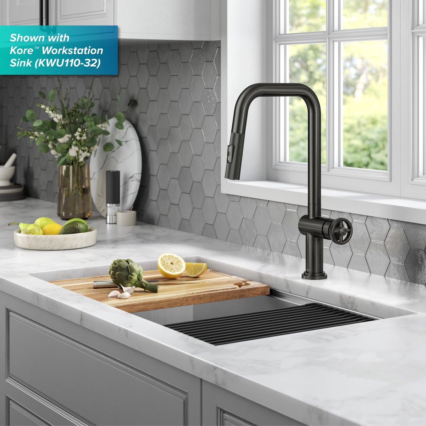 KRAUS Urbix Industrial Pull-Down Single Handle Kitchen Faucet in Black Stainless - KPF-3126SB