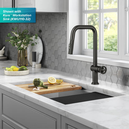 KRAUS Urbix Industrial Pull-Down Single Handle Kitchen Faucet in Black Stainless - KPF-3126SB