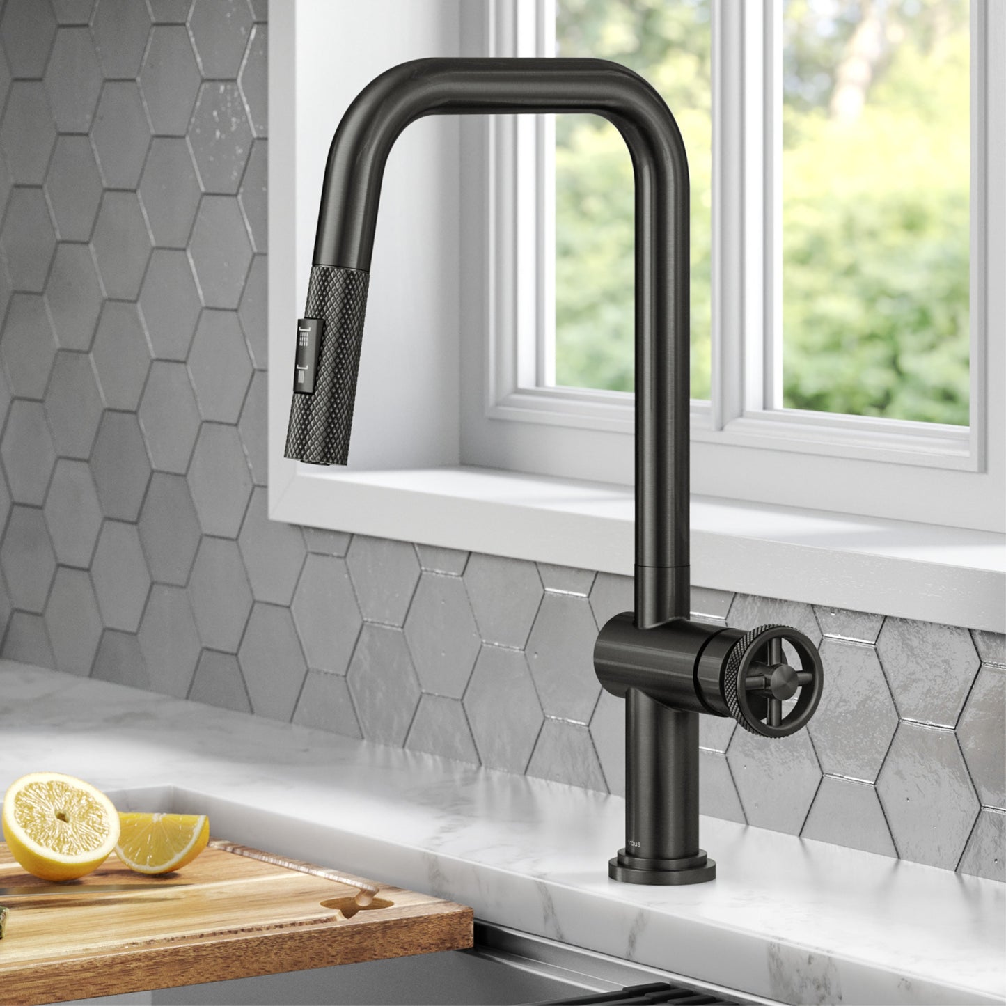 KRAUS Urbix Industrial Pull-Down Single Handle Kitchen Faucet in Black Stainless - KPF-3126SB