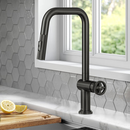 KRAUS Urbix Industrial Pull-Down Single Handle Kitchen Faucet in Black Stainless - KPF-3126SB