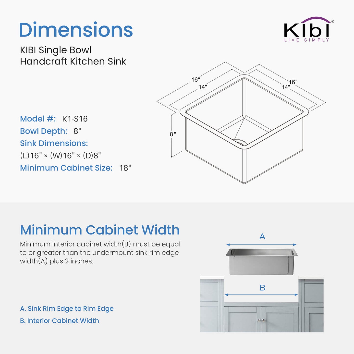 Kibi 16" x 16" x 8" Handcrafted Undermount Single Bowl Kitchen Sink With Satin Finish - K1-S16