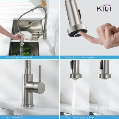 Kibi Aurora Single Handle High Arc Pull Down Kitchen Faucet In Brushed Nickel Finish - KKF2003BN