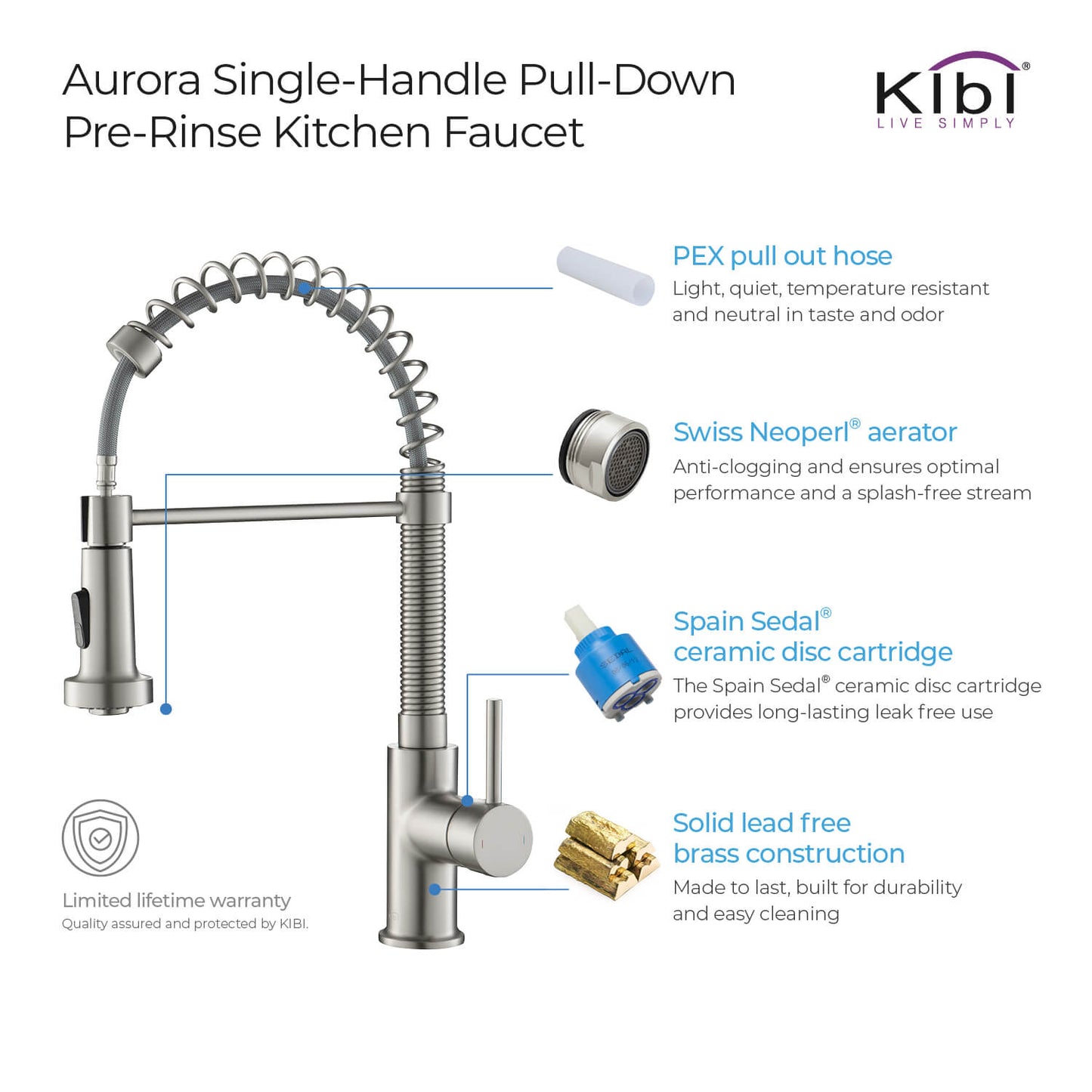 Kibi Aurora Single Handle High Arc Pull Down Kitchen Faucet In Brushed Nickel Finish - KKF2003BN