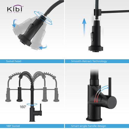 Kibi Aurora Single Handle High Arc Pull Down Kitchen Faucet In Matte Black Finish - KKF2003MB