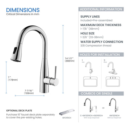 Kibi Bari Single Handle Pull Down Kitchen Bar Sink Faucet With Soap Dispenser in Chrome Finish - C-KKF2015CH-KSD100CH
