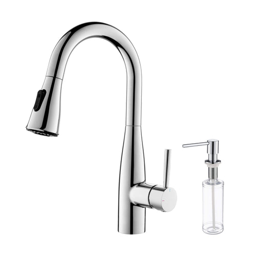 Kibi Bari Single Handle Pull Down Kitchen Bar Sink Faucet With Soap Dispenser in Chrome Finish - C-KKF2015CH-KSD100CH