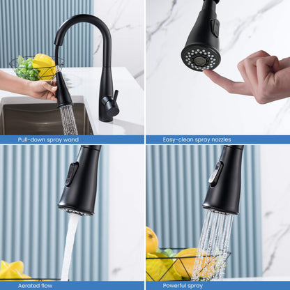 Kibi Bari Single Handle Pull Down Kitchen Bar Sink Faucet With Soap Dispenser in Matte Black Finish - C-KKF2015MB-KSD100MB