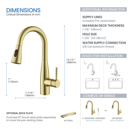 Kibi Bari Single Handle Pull Down Kitchen and Bar Sink Faucet With Soap Dispenser in Brushed Gold Finish - C-KKF2015BG-KSD100BG