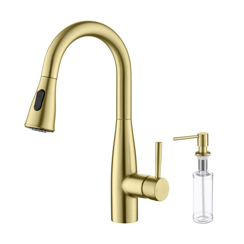 Kibi Bari Single Handle Pull Down Kitchen and Bar Sink Faucet With Soap Dispenser in Brushed Gold Finish - C-KKF2015BG-KSD100BG