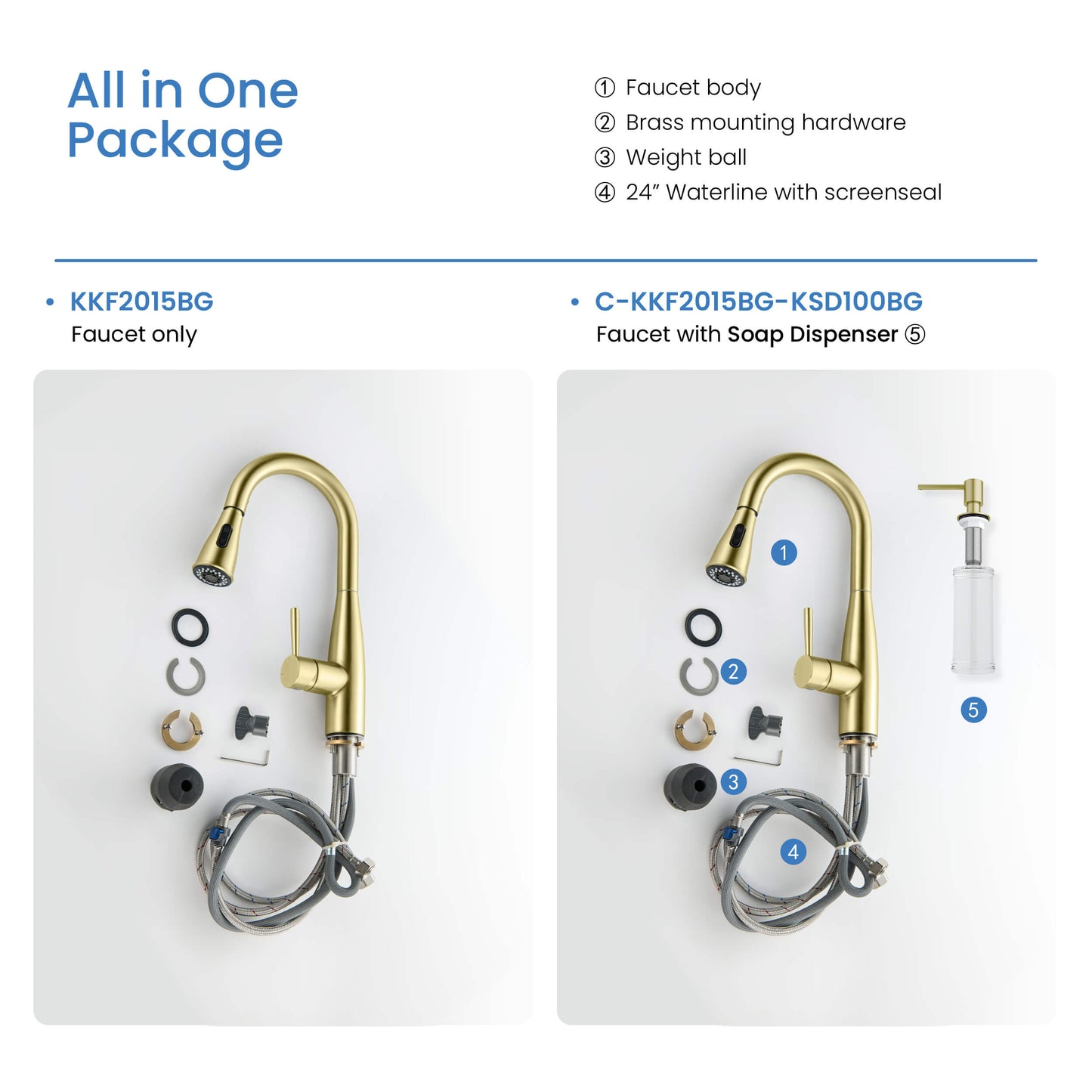 Kibi Bari Single Handle Pull Down Kitchen and Bar Sink Faucet in Brushed Gold Finish - KKF2015BG