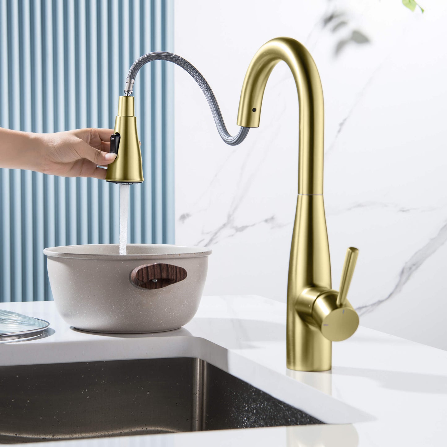 Kibi Bari Single Handle Pull Down Kitchen and Bar Sink Faucet in Brushed Gold Finish - KKF2015BG