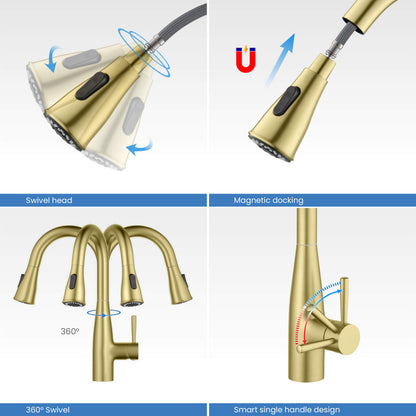 Kibi Bari Single Handle Pull Down Kitchen and Bar Sink Faucet in Brushed Gold Finish - KKF2015BG