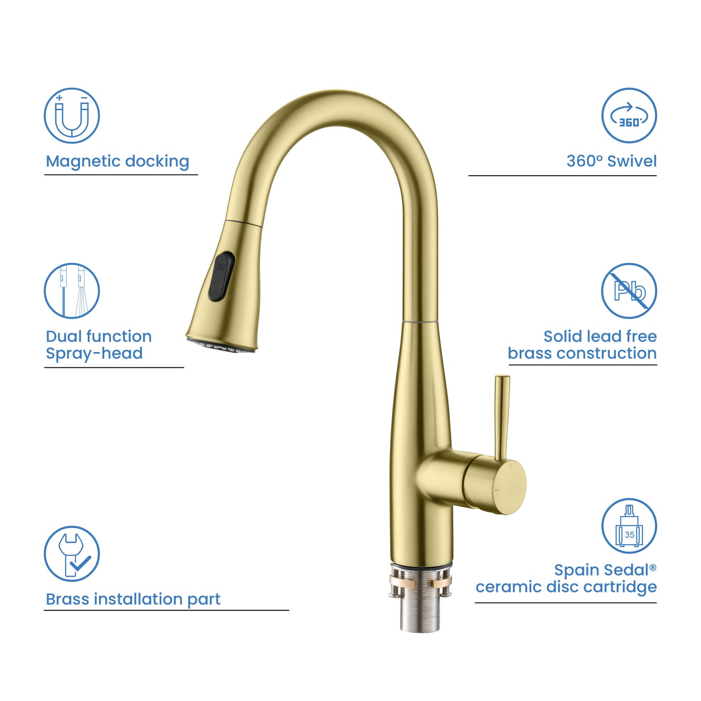 Kibi Bari Single Handle Pull Down Kitchen and Bar Sink Faucet in Brushed Gold Finish - KKF2015BG