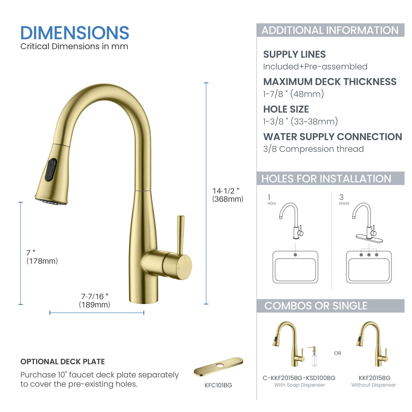 Kibi Bari Single Handle Pull Down Kitchen and Bar Sink Faucet in Brushed Gold Finish - KKF2015BG
