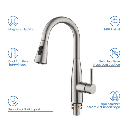Kibi Bari Single Handle Pull Down Kitchen and Bar Sink Faucet in Brushed Nickel Finish - KKF2015BN