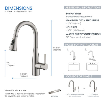 Kibi Bari Single Handle Pull Down Kitchen and Bar Sink Faucet in Brushed Nickel Finish - KKF2015BN