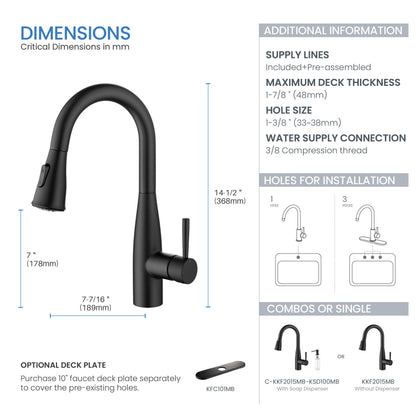 Kibi Bari Single Handle Pull Down Kitchen and Bar Sink Faucet in Matte Black Finish - KKF2015MB