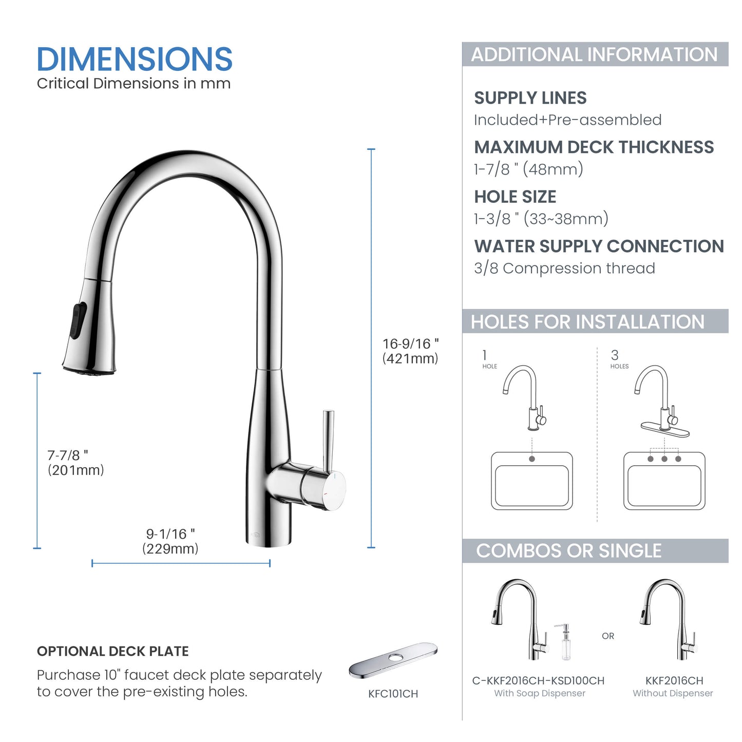 Kibi Bari-T Single Handle Pull Down Kitchen Sink Faucet With Soap Dispenser in Chrome Finish - C-KKF2016CH-KSD100CH
