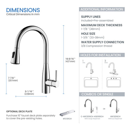 Kibi Bari-T Single Handle Pull Down Kitchen Sink Faucet With Soap Dispenser in Chrome Finish - C-KKF2016CH-KSD100CH
