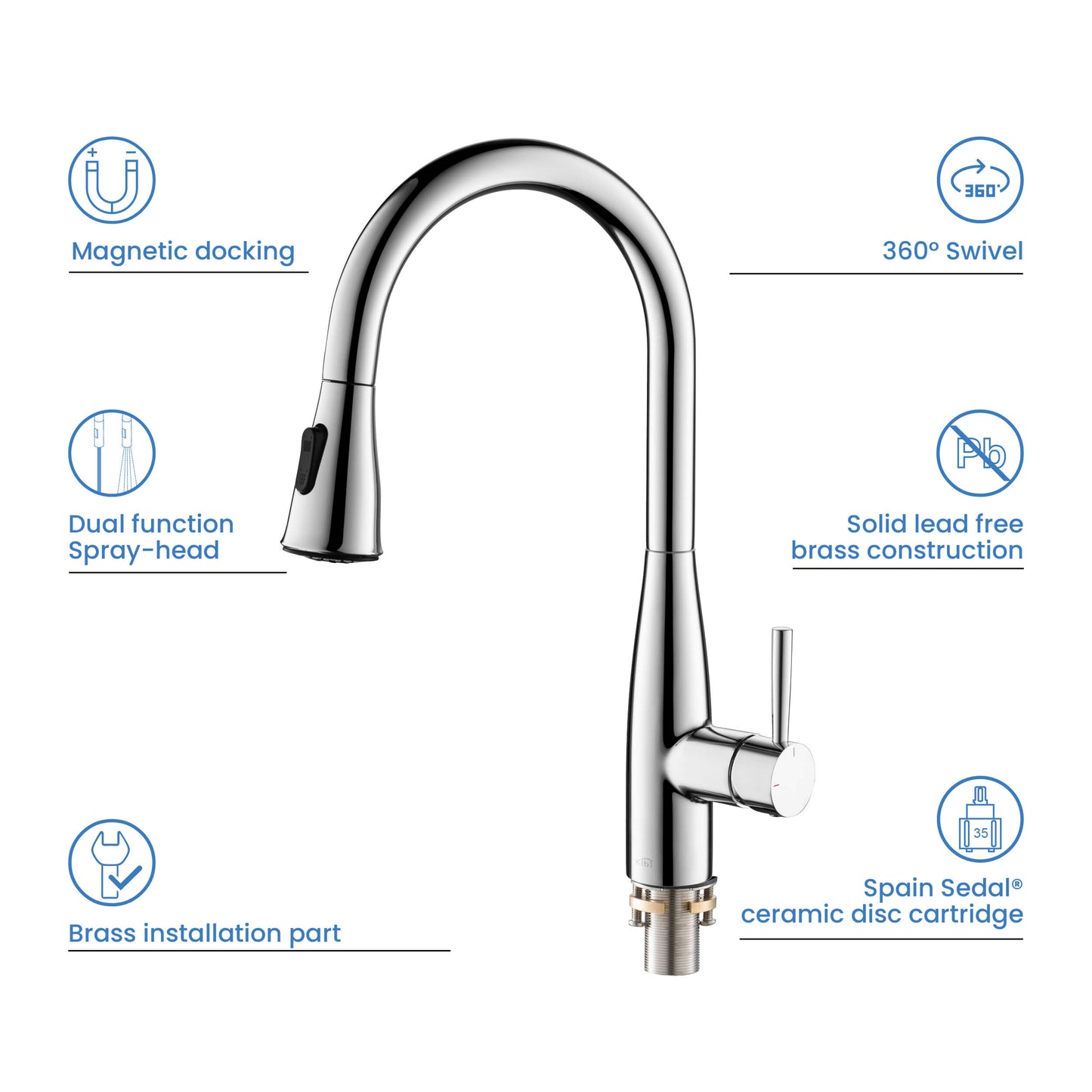 Kibi Bari-T Single Handle Pull Down Kitchen Sink Faucet With Soap Dispenser in Chrome Finish - C-KKF2016CH-KSD100CH