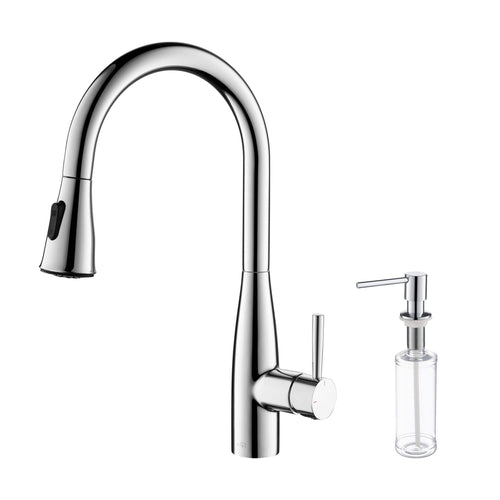 Kibi Bari-T Single Handle Pull Down Kitchen Sink Faucet With Soap Dispenser in Chrome Finish - C-KKF2016CH-KSD100CH