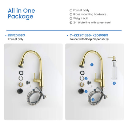 Kibi Bari-T Single Handle Pull Down Kitchen Sink Faucet in Brushed Gold Finish - KKF2016BG