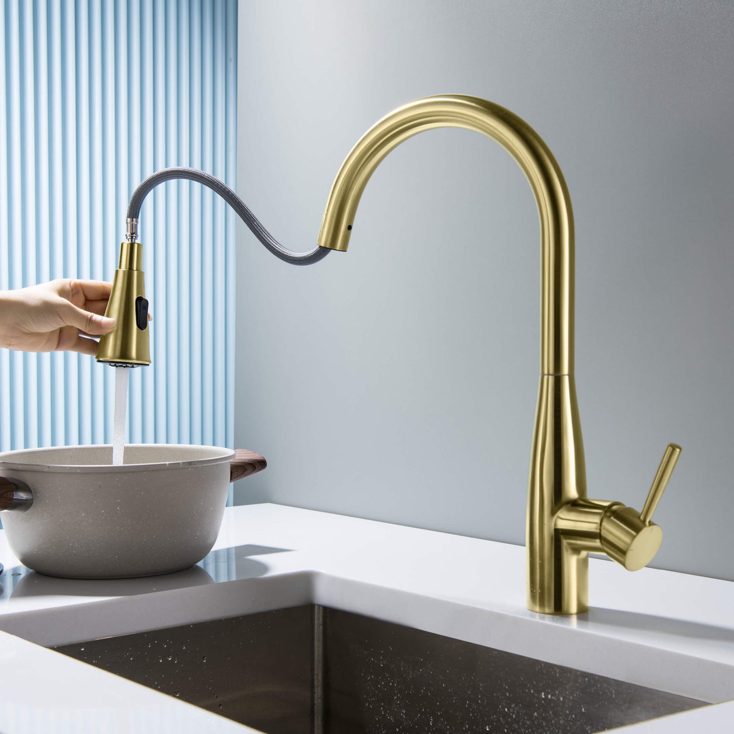 Kibi Bari-T Single Handle Pull Down Kitchen Sink Faucet in Brushed Gold Finish - KKF2016BG