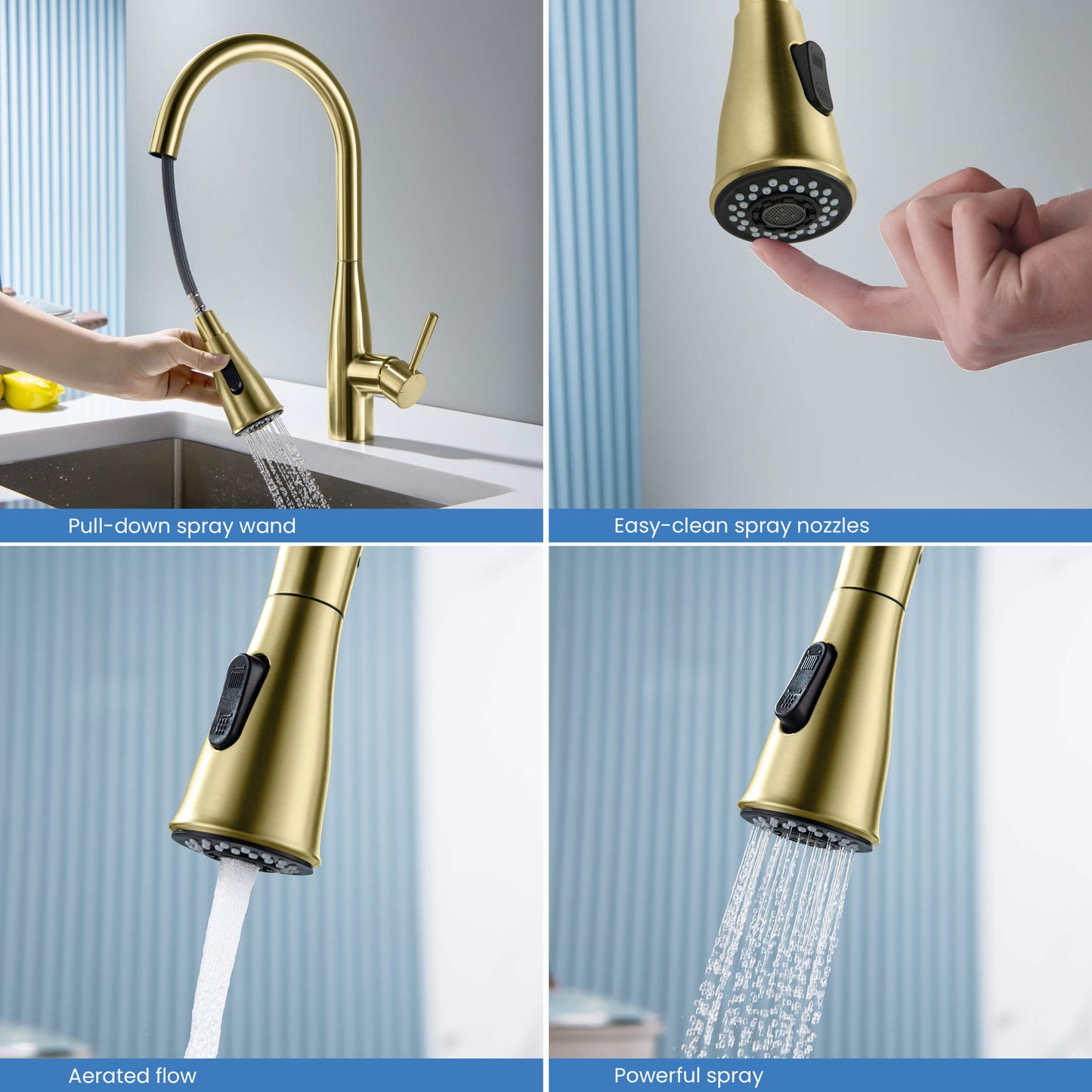 Kibi Bari-T Single Handle Pull Down Kitchen Sink Faucet in Brushed Gold Finish - KKF2016BG