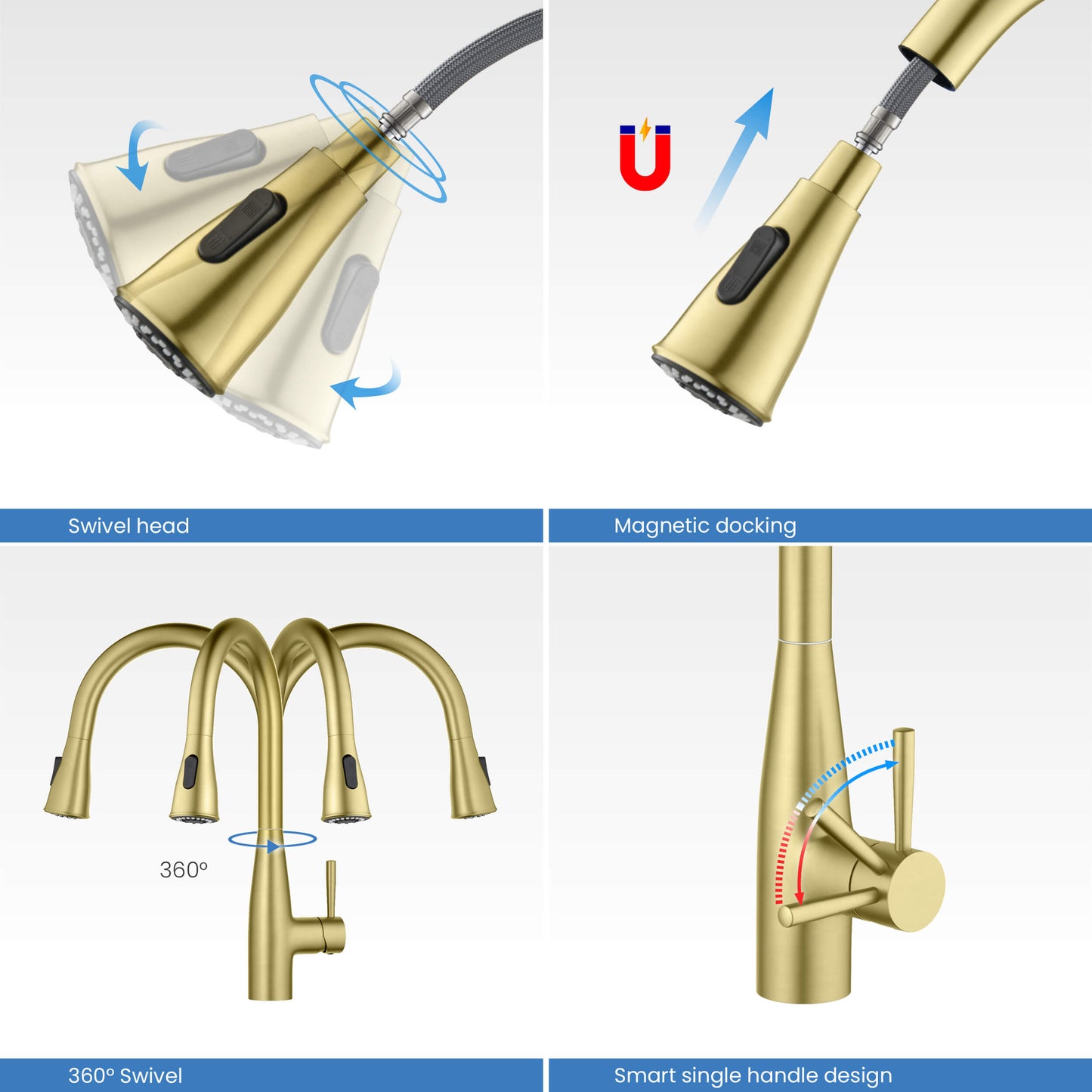Kibi Bari-T Single Handle Pull Down Kitchen Sink Faucet in Brushed Gold Finish - KKF2016BG
