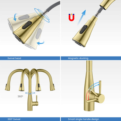 Kibi Bari-T Single Handle Pull Down Kitchen Sink Faucet in Brushed Gold Finish - KKF2016BG
