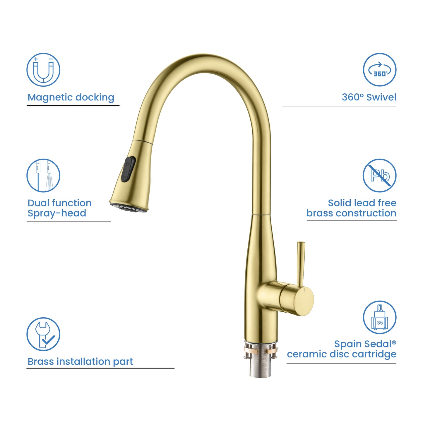 Kibi Bari-T Single Handle Pull Down Kitchen Sink Faucet in Brushed Gold Finish - KKF2016BG