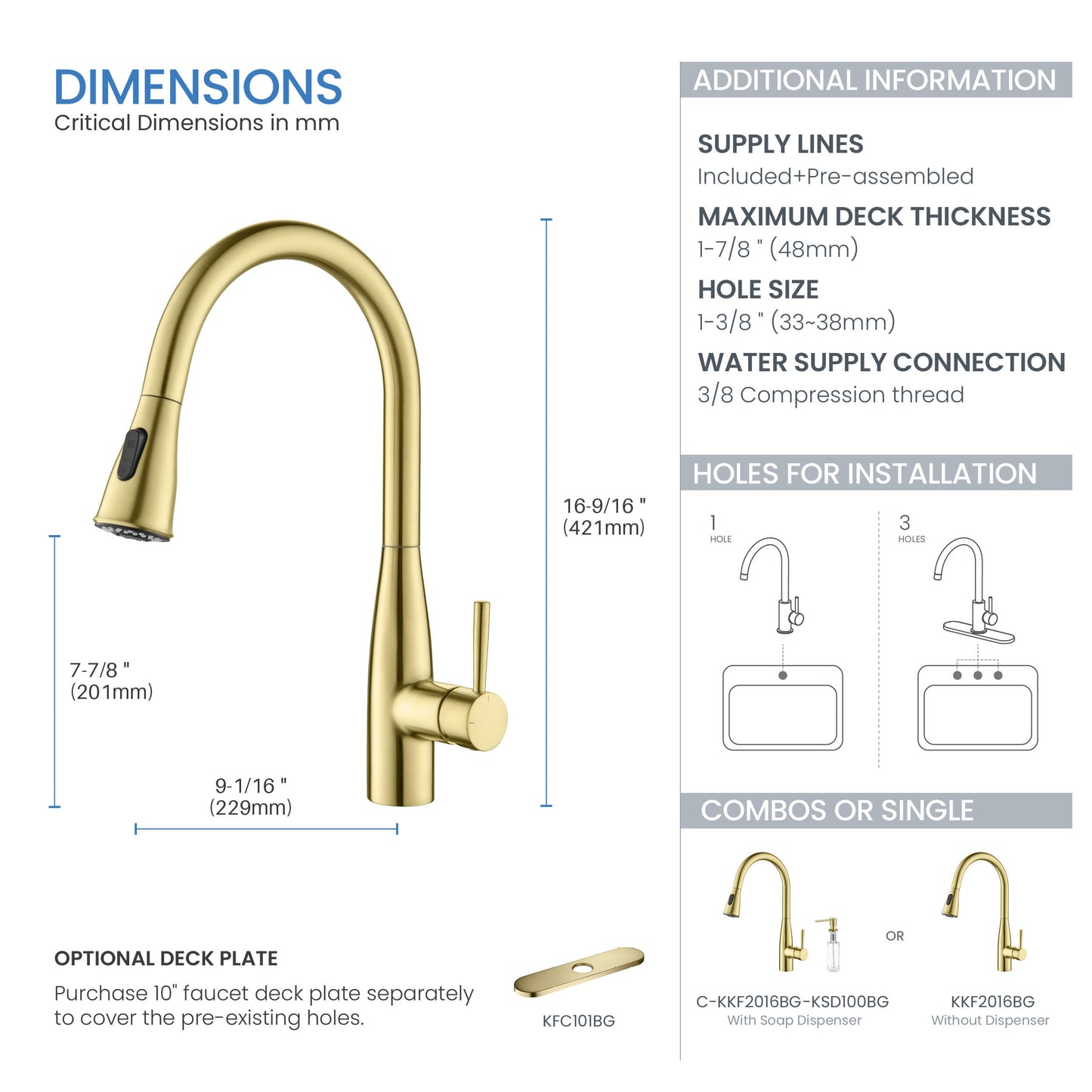 Kibi Bari-T Single Handle Pull Down Kitchen Sink Faucet in Brushed Gold Finish - KKF2016BG