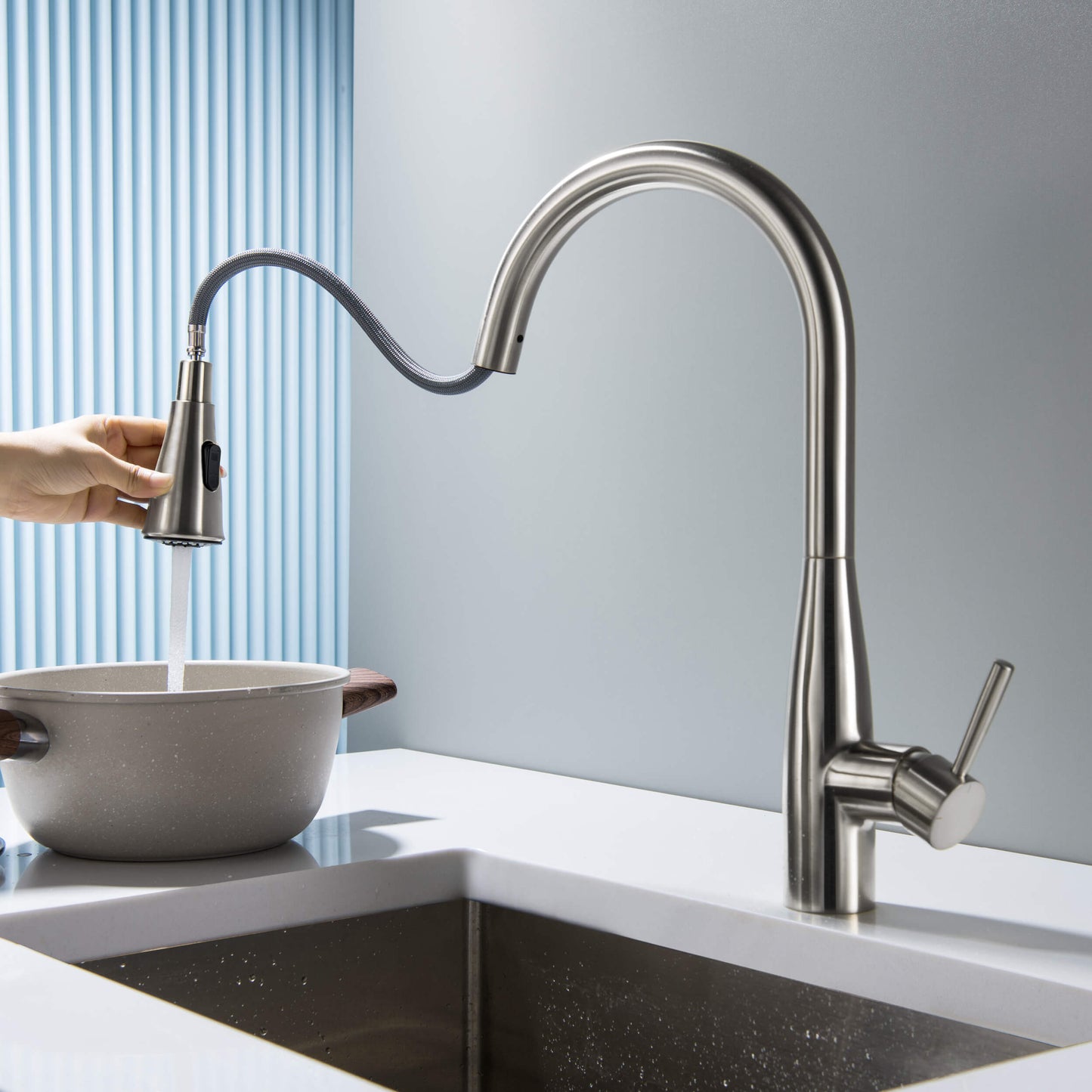 Kibi Bari-T Single Handle Pull Down Kitchen Sink Faucet in Brushed Nickel Finish - KKF2016BN