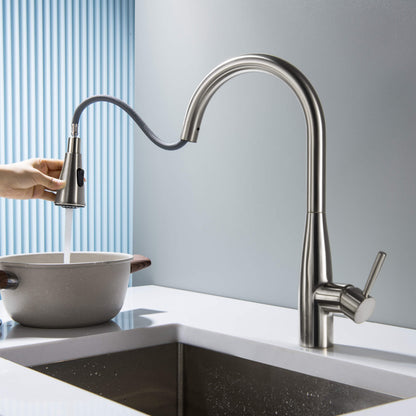 Kibi Bari-T Single Handle Pull Down Kitchen Sink Faucet in Brushed Nickel Finish - KKF2016BN