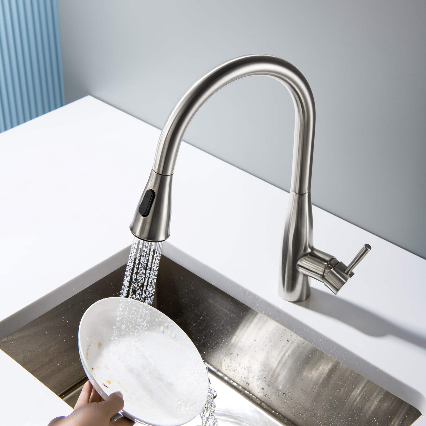 Kibi Bari-T Single Handle Pull Down Kitchen Sink Faucet in Brushed Nickel Finish - KKF2016BN