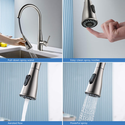 Kibi Bari-T Single Handle Pull Down Kitchen Sink Faucet in Brushed Nickel Finish - KKF2016BN