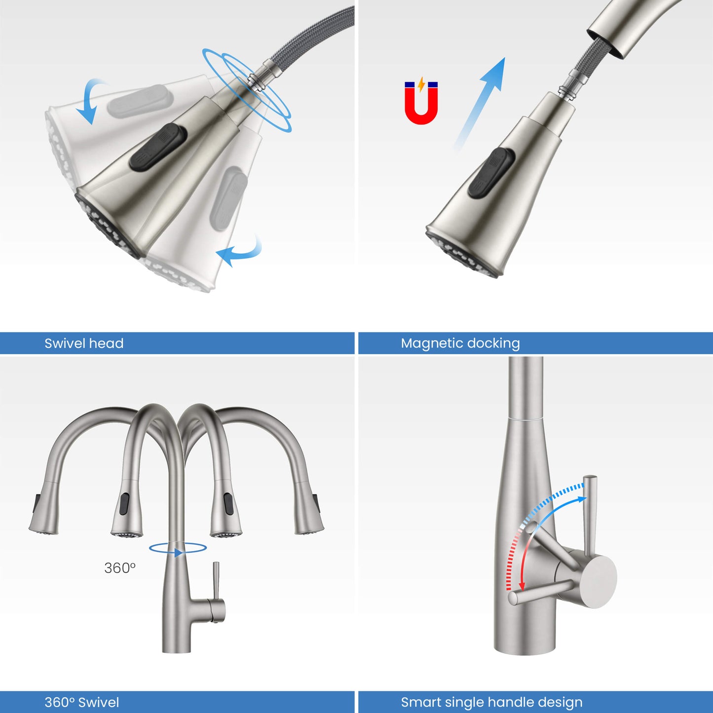 Kibi Bari-T Single Handle Pull Down Kitchen Sink Faucet in Brushed Nickel Finish - KKF2016BN