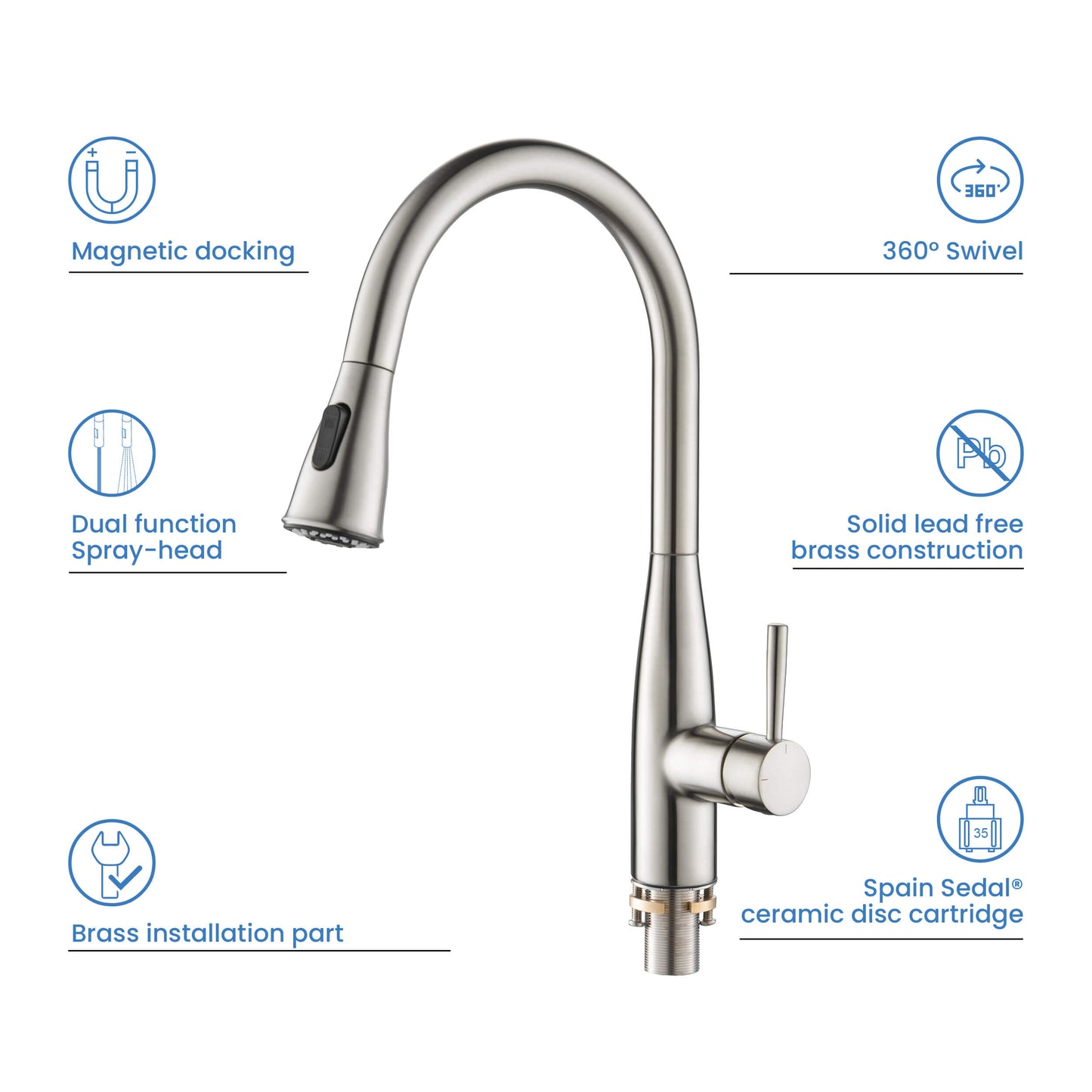 Kibi Bari-T Single Handle Pull Down Kitchen Sink Faucet in Brushed Nickel Finish - KKF2016BN