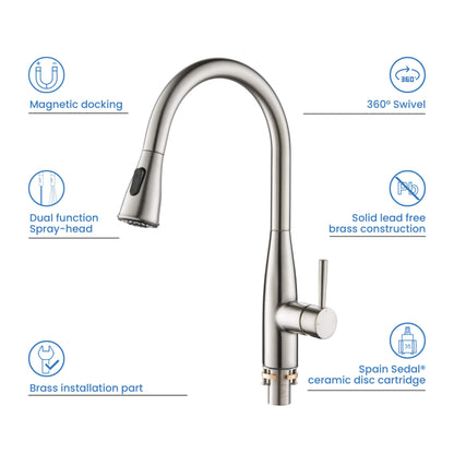 Kibi Bari-T Single Handle Pull Down Kitchen Sink Faucet in Brushed Nickel Finish - KKF2016BN