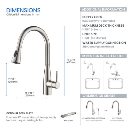 Kibi Bari-T Single Handle Pull Down Kitchen Sink Faucet in Brushed Nickel Finish - KKF2016BN